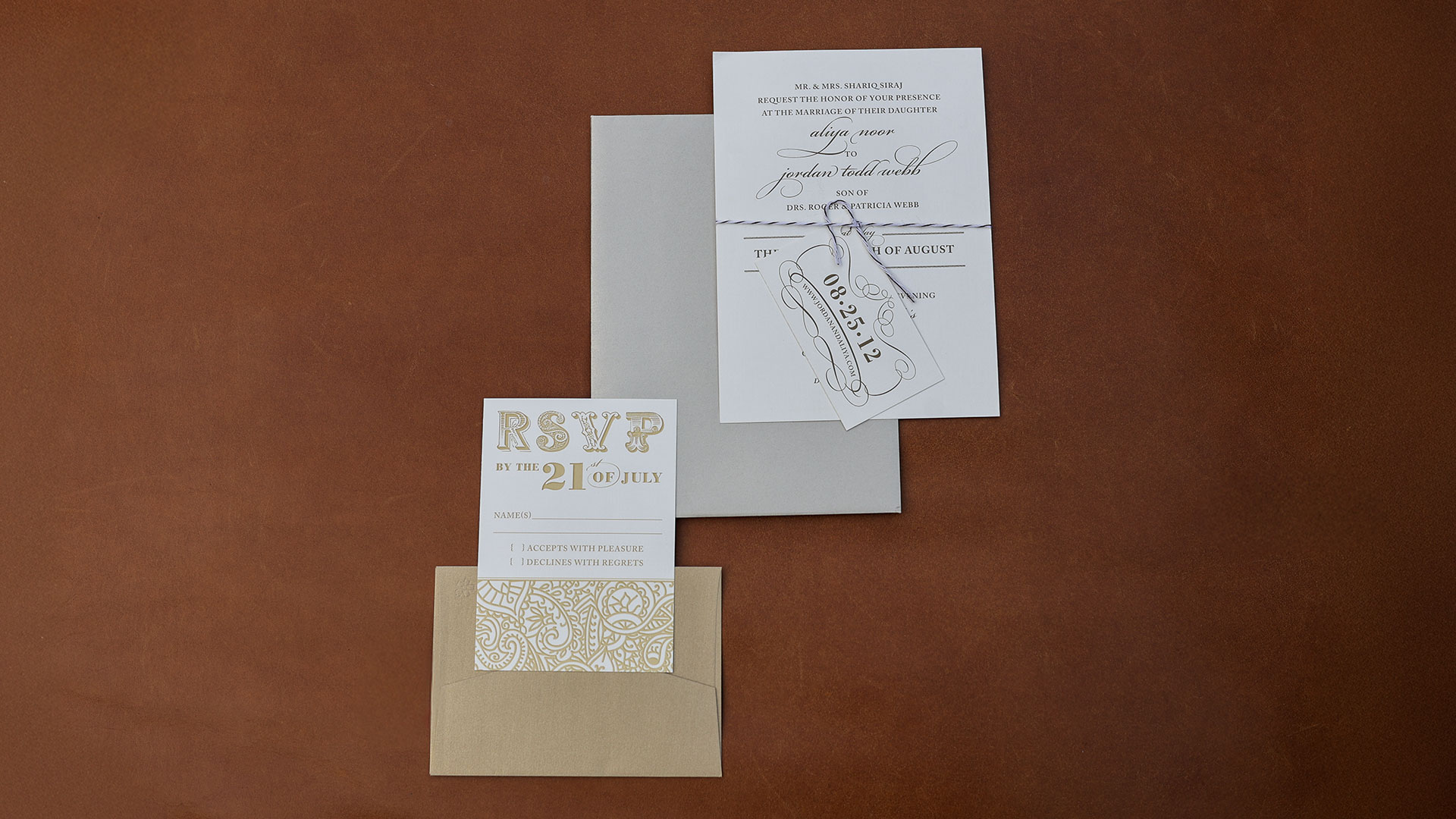 Aliya & Jordan Wedding Invitation Package design by Jenna Spencer