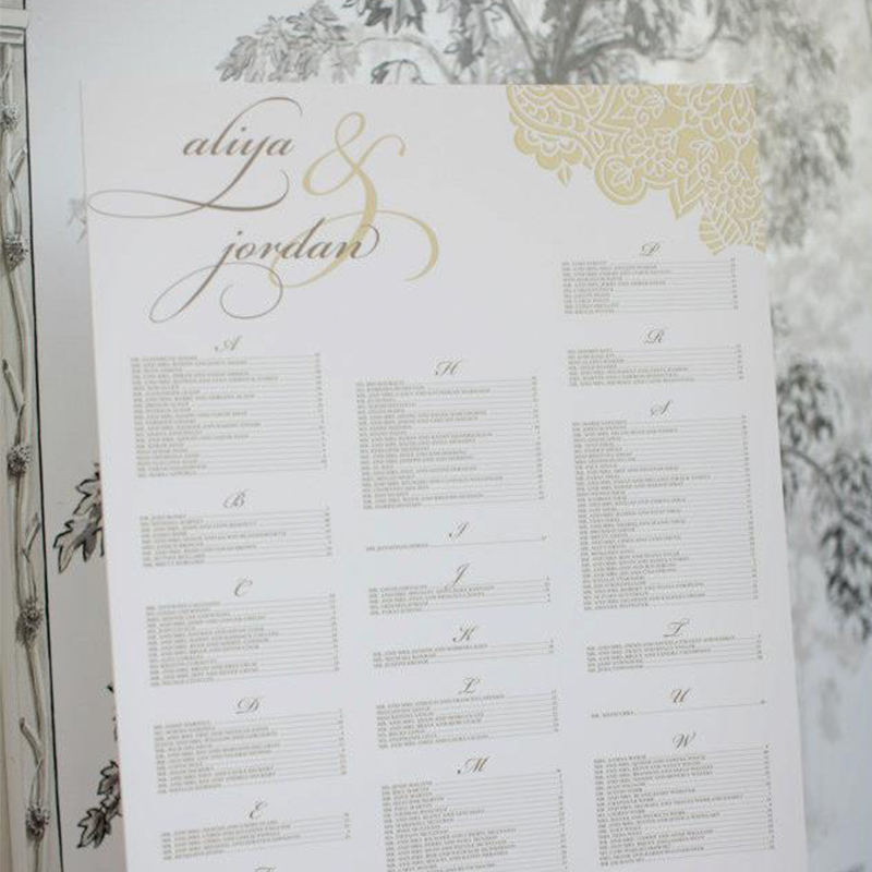 Aliya & Jordan Wedding Reception Seating Chart design by Jenna Spencer